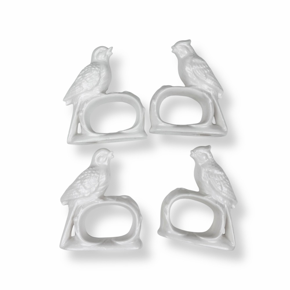 Vintage Ardalt Napkin Ring Holders Birds Set‎ 4 White Farmhouse Porcelain Japan